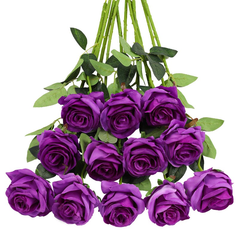 Tifuly Purple Roses Artificial Flowers - 12 pcs Realistic Single Long Stem Fake Silk Roses Bouquet for Party Home Wedding Centerpiece Office DIY Decor - Image 1